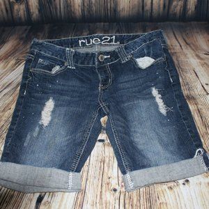 RUE21 5/6 Dark Wash Distressed Jean Shorts